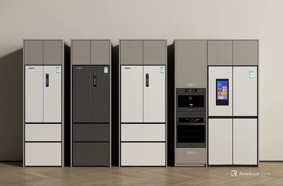 Modern Refrigerators With Digital Screen And Sleek Gray White Cabinet Design 3d model