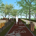 Scenic Municipal Road With Red Path Runners Distance Markers Trees Benches And Trash Bins