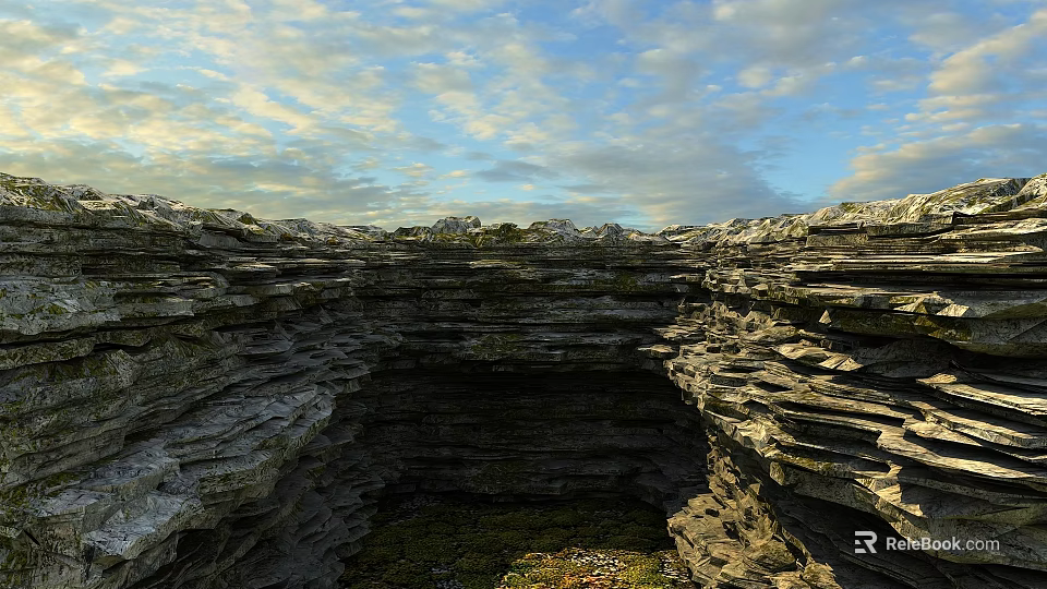 Scenic Landscape Featuring Layered Rock Formation Deep Valley Blue Sky And Fluffy Clouds 3d model