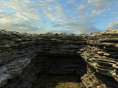 Scenic Landscape Featuring Layered Rock Formation Deep Valley Blue Sky And Fluffy Clouds 3d model