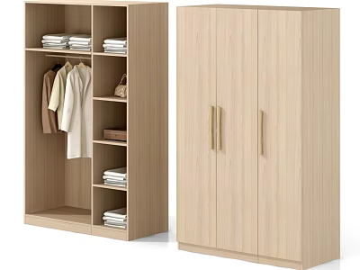 Light Wood Open And Closed Wardrobe With Shelves Hanging Clothes And Folded Items 3d model