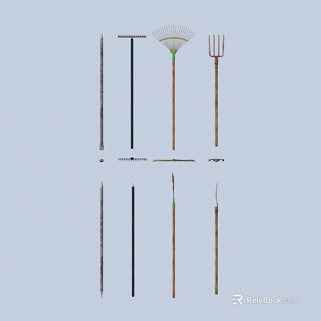 Essential Household Cleaning Tools Including Broom Rake Fork And Brushes For Home Use 3d model 