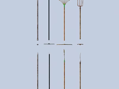 Essential Household Cleaning Tools Including Broom Rake Fork And Brushes For Home Use 3d model