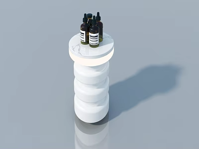 Elegant Swing Door Design Featuring White Cylindrical Platform With Dark Bottles 3d model