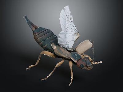 Detailed 3D Insect Model With Transparent Wings And Segmented Exoskeleton Structure 3d model