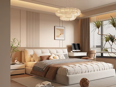Bedroom Interior With Beige Walls Vertical Striped Decor Upholstered Headboard Multiple Pillows Green Plants And Chandelier 3d model