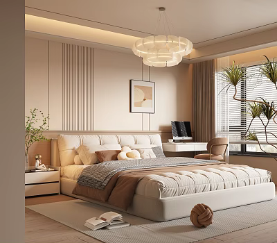 Bedroom Interior With Beige Walls Vertical Striped Decor Upholstered Headboard Multiple Pillows Green Plants And Chandelier 3d model