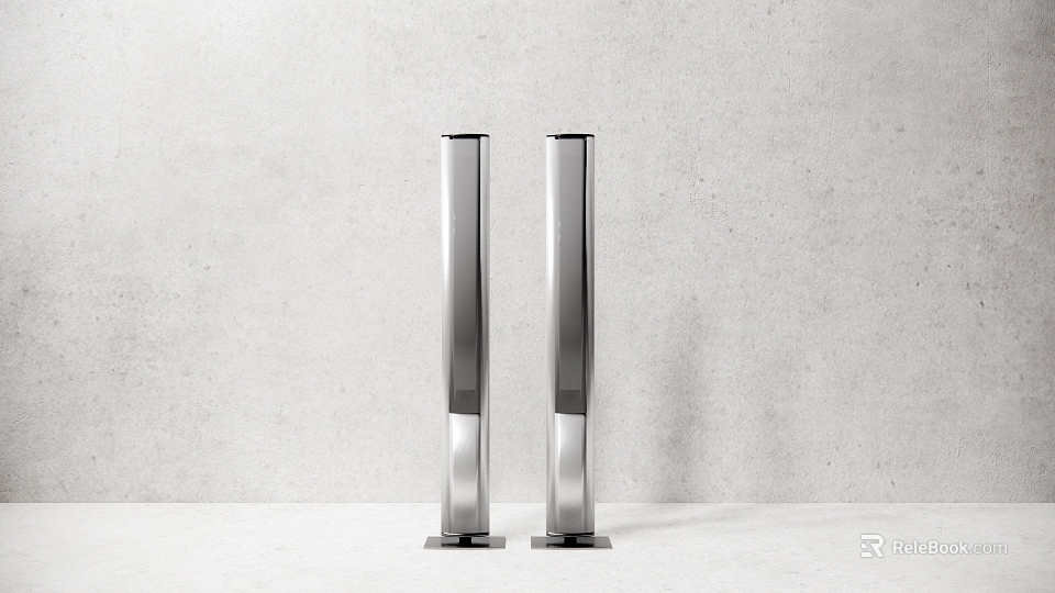 Two Modern Silver Tower Speakers Against Grey Wall On White Countertop 3d model 