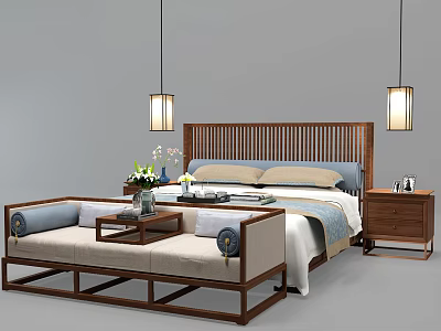 Elegant Modern Chinese Double Bed Interior With Wooden Headboard Sofa Chair Nightstand And Pendant Lights 3d model