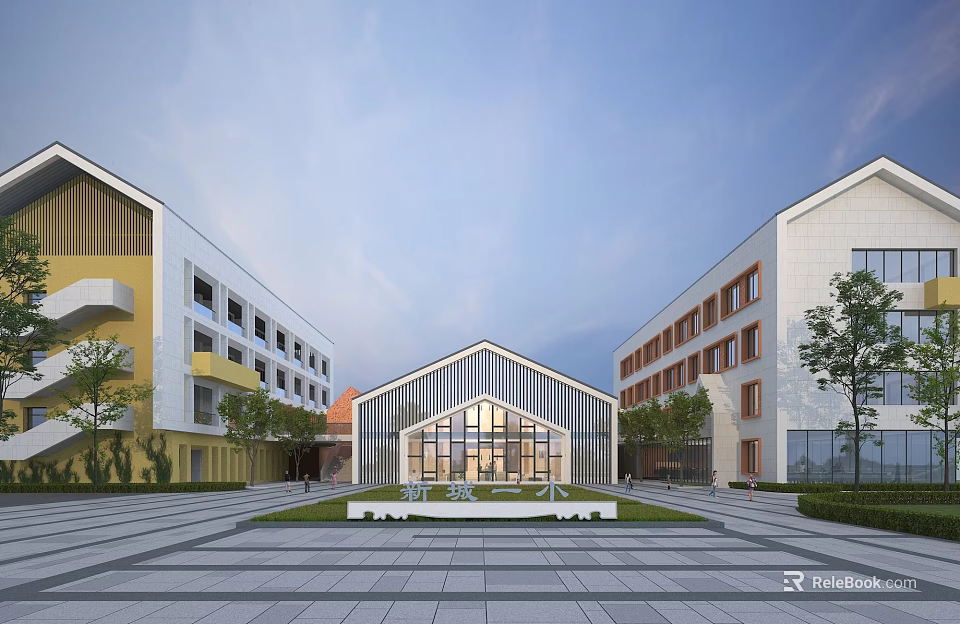Modern School Building With Glass Facade Central Plaza And Surrounding Structures 3d model