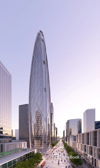 Modern High Rise Office Building With Glass Curtain Wall And City Skyline 3d model 