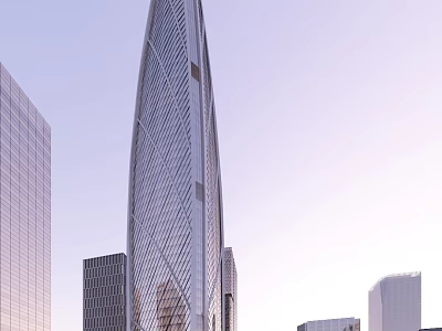 Modern High Rise Office Building With Glass Curtain Wall And City Skyline 3d model