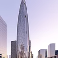 Modern High Rise Office Building With Glass Curtain Wall And City Skyline