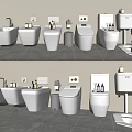Modern Bathroom Toilet Display With Various Designs Sink And Trash Bin Fixtures