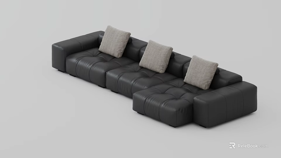 Black Leather Modular Sofa Set with Light Cushions and Sectional Design 3d model