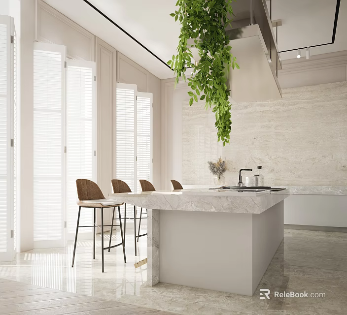 Modern Restaurant Interior Design With Open Layout Marble Island And Hanging Plants 3d model 