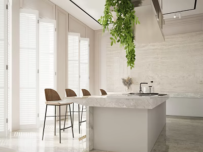 Modern Restaurant Interior Design With Open Layout Marble Island And Hanging Plants 3d model