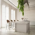 Modern Restaurant Interior Design With Open Layout Marble Island And Hanging Plants