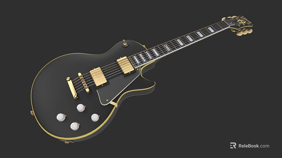 Black Electric Guitar With Gold Hardware Knobs And Strings For Musical Use 3d model 