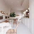 Modern Dessert Shop Interior With White Tables Wooden Chairs And Plants