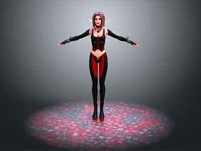 3D Female Character With Purple Hair Black Red Bodysuit Standing On Patterned Circular Platform 3d model