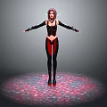 3D Female Character With Purple Hair Black Red Bodysuit Standing On Patterned Circular Platform