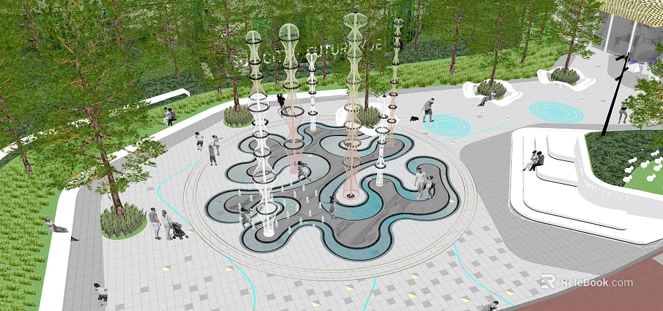 Public Park With Artistic Fountains Sculptures And People Enjoying Open Space 3d model 