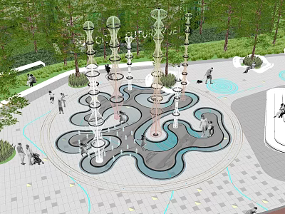 Public Park With Artistic Fountains Sculptures And People Enjoying Open Space 3d model