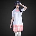 Woman In White Short Sleeved Shirt With Pink Bow And Pink Plaid Skirt