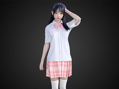 Woman In White Short Sleeved Shirt With Pink Bow And Pink Plaid Skirt 3d model