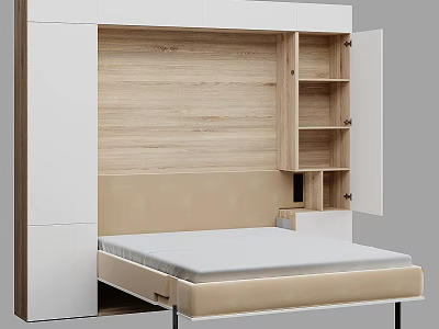 Modern Double Bed Interior Design With Beige Headboard Wooden Background And Open Shelves 3d model