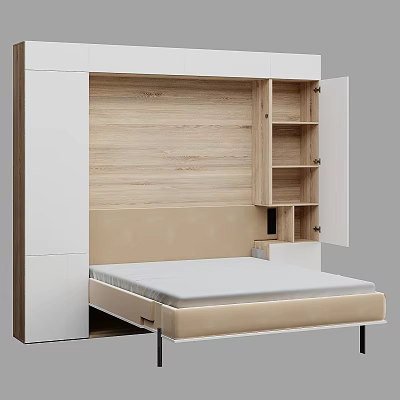 Modern Double Bed Interior Design With Beige Headboard Wooden Background And Open Shelves 3d model