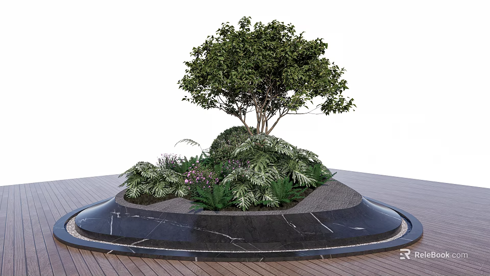 Tree Planter with Tree Lush Greenery and Black Marble Base on Wooden Deck 3d model
