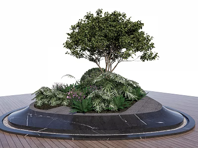 Tree Planter with Tree Lush Greenery and Black Marble Base on Wooden Deck 3d model