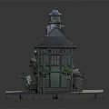 Charming Small Cottage Featuring Green Facade Black Roof Clock Tower Flowers And Bench