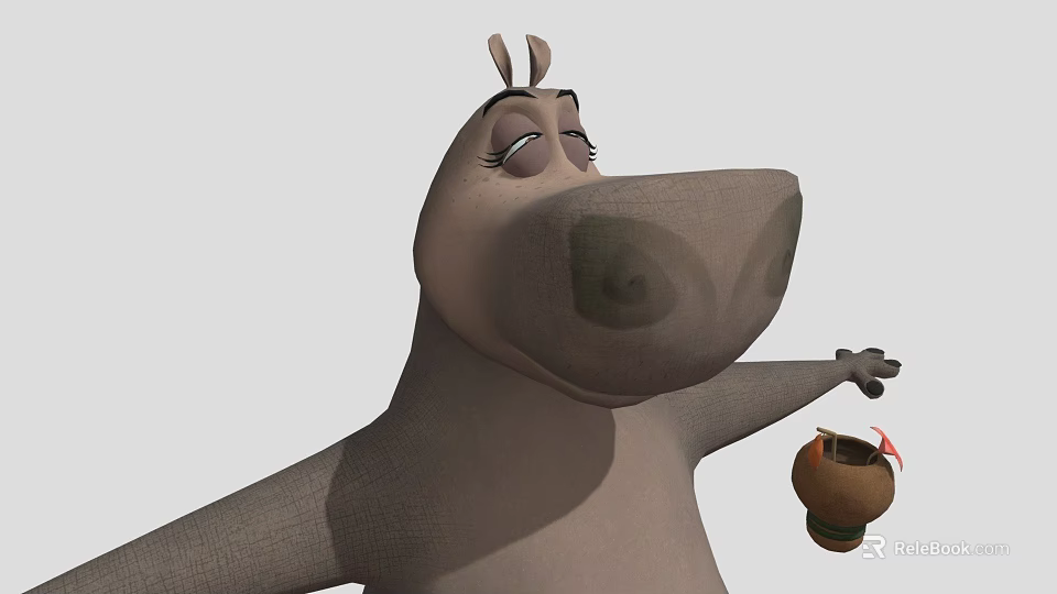 Cartoon Hippo Game Character with Closed Eyes Holding Small Brown Jar and Light Gray Texture 3d model 