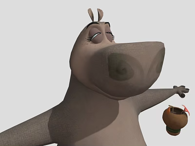 Cartoon Hippo Game Character with Closed Eyes Holding Small Brown Jar and Light Gray Texture 3d model