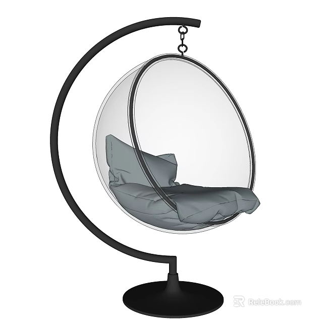 Stylish Transparent Spherical Hanging Chair With Black Metal Stand And Gray Cushions 3d model 