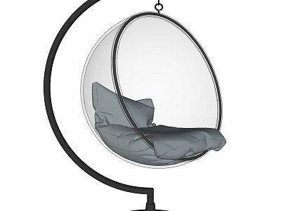 Stylish Transparent Spherical Hanging Chair With Black Metal Stand And Gray Cushions 3d model