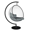 Stylish Transparent Spherical Hanging Chair With Black Metal Stand And Gray Cushions