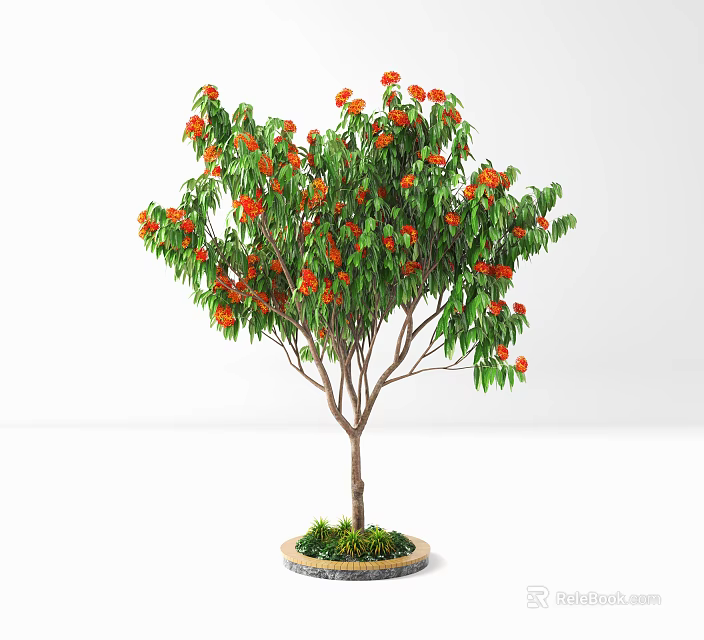 Lush Potted Arbor with Orange Flowers Green Leaves and Brown Trunk in Round Pot 3d model 
