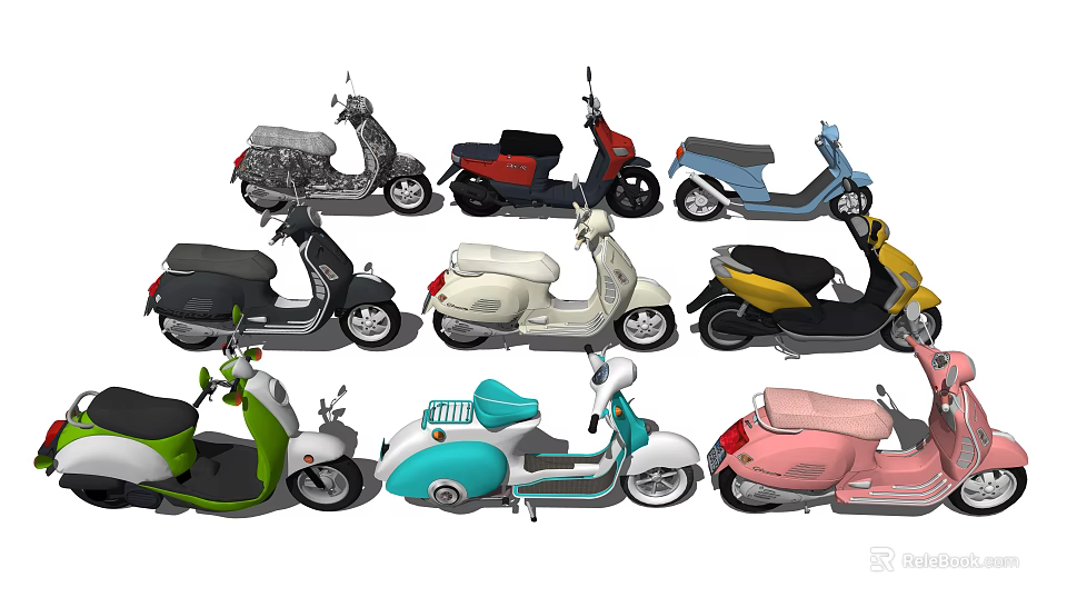 Colorful Motor Scooters in Various Styles with Red Blue Yellow Pink and Green Designs 3d model 