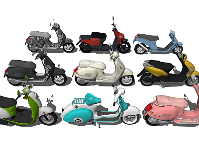 Colorful Motor Scooters in Various Styles with Red Blue Yellow Pink and Green Designs 3d model
