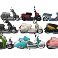 Colorful Motor Scooters in Various Styles with Red Blue Yellow Pink and Green Designs