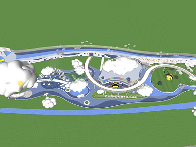 Colorful Children's Theme Park Layout With River Rainbow Bridge And Mini Train Track 3d model