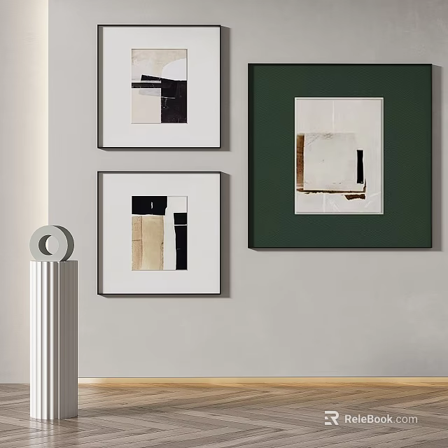 Modern Interior Wall Decor With Abstract Framed Paintings And Decorative Column 3d model