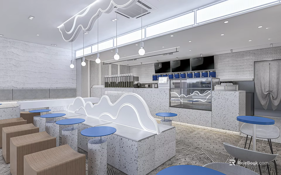 Modern Bubble Tea Shop Interior With White Counter Blue Tables And Hanging Lights 3d model 