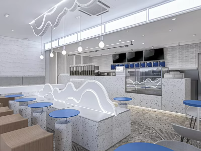 Modern Bubble Tea Shop Interior With White Counter Blue Tables And Hanging Lights 3d model