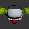 White Clown Mask Featuring Green Feather Hair Red Nose Blue Triangles Smiling Face And Teeth