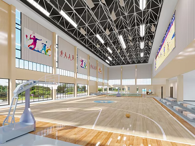 Spacious Basketball Gymnasium Interior Featuring Wooden Floor Basketball Hoop Ceiling Lights And Sports Murals 3d model
